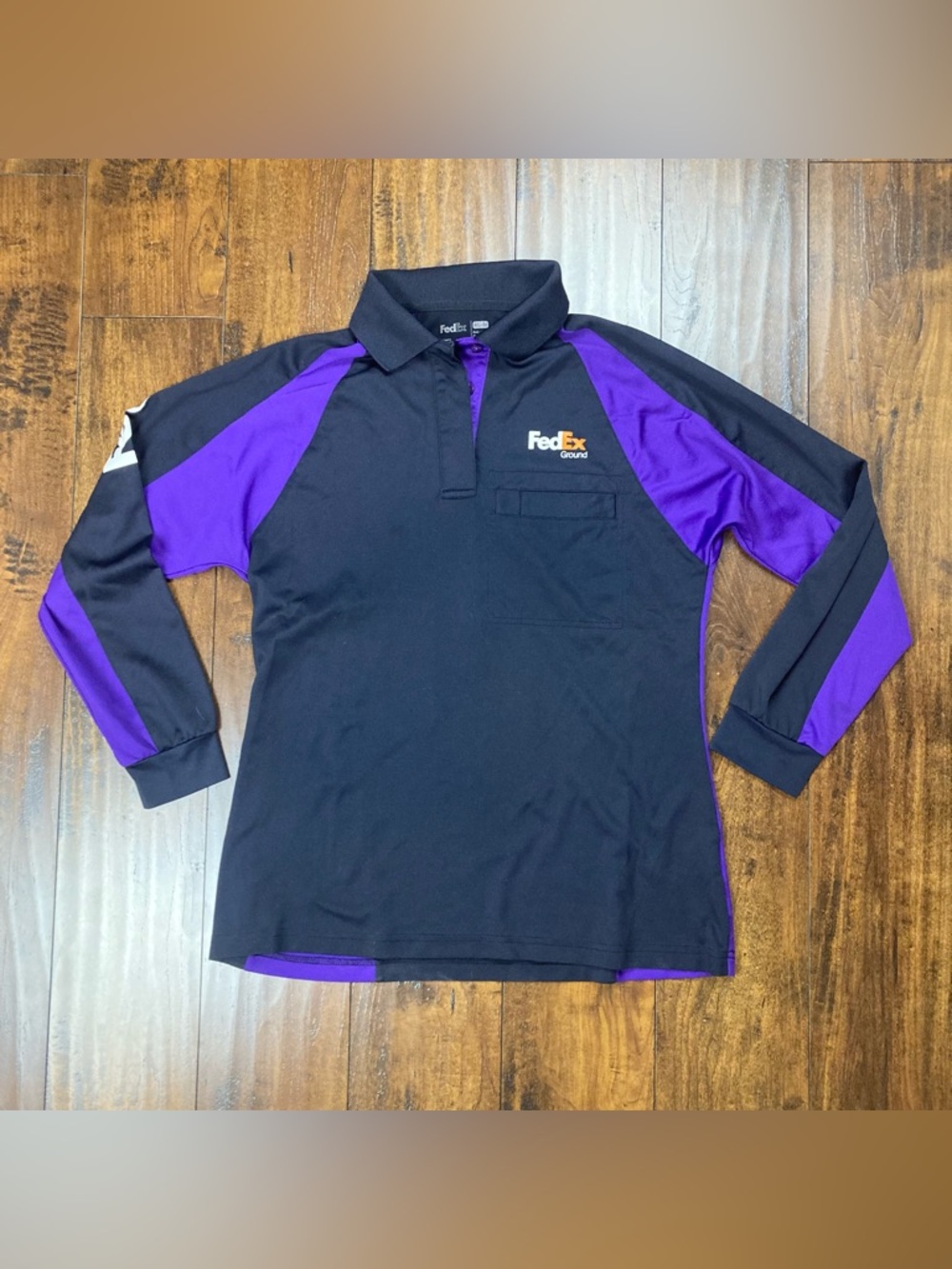 FedEx Uniform Polo Long Short Sleeve Collar Black/Purple Reflective Men’s Med.